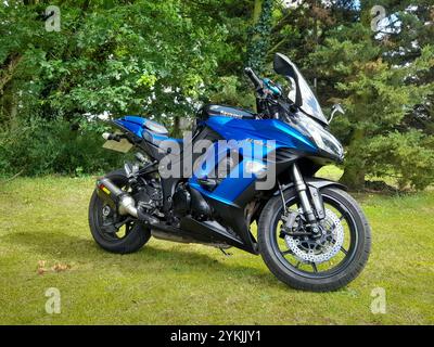 Blaues Kawasaki Z1000 sx Motorrad auf Gras geparkt Stockfoto