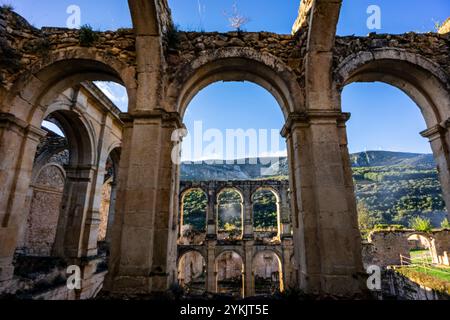 Kloster Santa Maria de Rioseco, Kreuzgang, Manzanedo-Tal, Kastilien und Leon, Spanien. Stockfoto