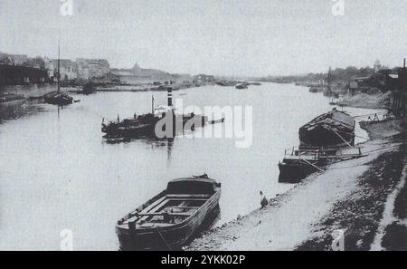 Blick von Südosten über die Elbe auf den nördlichen Teil der Magdeburger Altstadt. Stockfoto