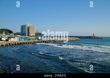 Sokcho, Südkorea - 3. November 2024: Blick auf den halbrunden Hafen am Daepo Port mit seinen berühmten Wellenbrechern und Leuchttürmen, vor dem EA Stockfoto