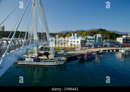 Sokcho, Südkorea - 3. November 2024: Ein Blick vom Daepo Skywalk aus, mit Fischerbooten, die an der Uferpromenade und dem umliegenden Gebäude angedockt sind Stockfoto