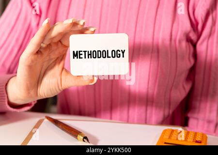 Das Wort Methodik handgeschrieben auf einem Notizbuch mit einer Lupe. Wissenschaftliche Forschung und Methodenkonzept. Stockfoto