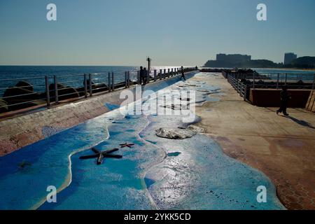 Sokcho, Südkorea - 3. November 2024: Künstlerische Skulpturen im Meeresstil zieren den Wellenbrecher am nördlichen Ende des Sokcho Beach und spiegeln den Sonnenschein wider Stockfoto