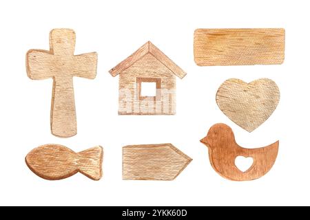 Hölzerne Wegweiser, Symbole, Spielzeug: Haus, Vogel, Fisch, Herz, Kreuz Aquarell strukturiertes Set isoliert auf weiß. Handbemalte Designelemente, ideal für Werbung Stockfoto