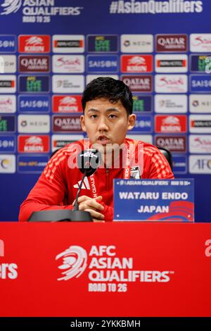 Wataru Endo (JPN), 18. November 2024 - Fußball/Fußball: Japan-Cheftrainer Hajime Moriyasu und Wataru Endo nehmen an einer Pressekonferenz der FIFA-Weltmeisterschaft 2026 im Finale der Asiatischen Qualifikationsrunde Gruppe C gegen China im Egret-Stadion in Xiamen, China Teil. Quelle: AFLO/Alamy Live News Stockfoto