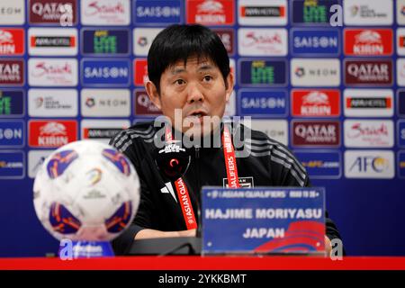 Hajime Moriyasu (JPN), 18. November 2024 - Fußball/Fußball: Japan-Cheftrainer Hajime Moriyasu und Wataru Endo nehmen an einer Pressekonferenz der FIFA-Weltmeisterschaft 2026 im Finale der asiatischen Qualifikationsrunde Gruppe C gegen China im Egret Stadium in Xiamen, China Teil. Quelle: AFLO/Alamy Live News Stockfoto