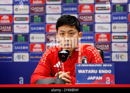 Wataru Endo (JPN), 18. November 2024 - Fußball/Fußball: Japan-Cheftrainer Hajime Moriyasu und Wataru Endo nehmen an einer Pressekonferenz der FIFA-Weltmeisterschaft 2026 im Finale der Asiatischen Qualifikationsrunde Gruppe C gegen China im Egret-Stadion in Xiamen, China Teil. Quelle: AFLO/Alamy Live News Stockfoto