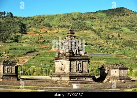 Arjuna Tempel archäologischen Park auf Dieng-Hochebene, die administrativ in Dieng Kulon, Batur, Banjarnegara, Zentral-Java, Indonesien befindet. Stockfoto