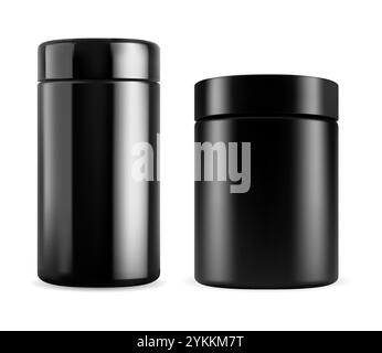 Vektor-Modell für schwarze Flaschen. Dosenvorlage für Sport-Vitaminpräparat. Vertikales Zylinderpaket, Molkenprotein für den Bodybuilding. Kosmetische Pille Kapseldose Stock Vektor