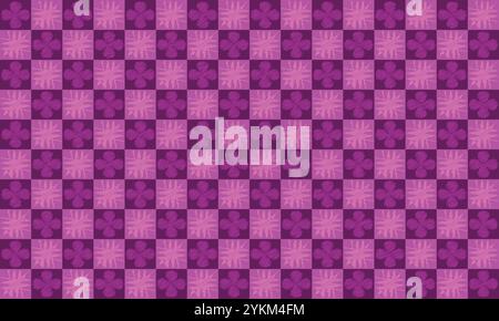 Geometrisches Muster in leuchtendem Lila und Pink mit Blumenmotiven. Komplizierter abstrakter Hintergrund mit abwechselnden Streifen und blumenähnlichen Formen Stock Vektor