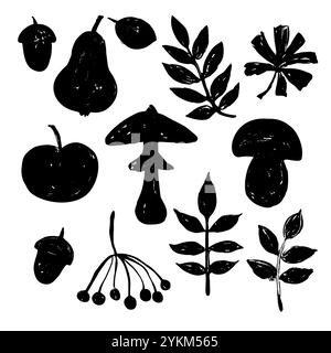 Pilze, Blätter und Früchte im Holzschnitt. Minimalistische, strukturierte, handgezeichnete Illustration. Stock Vektor