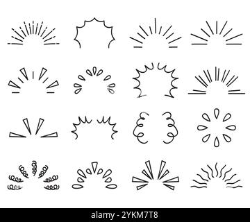 Doodle Line funkelt und strahlt. Handgezeichnete Explosionslinien Konfetti, Sonnenaufgang, Überraschungselemente mit dekorativem Effekt. Skizzieren Sie Comic, um Spritzer zu feiern Stock Vektor