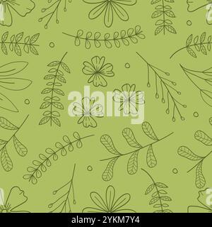 Grüne nahtlose Muster Zweige, Blätter und Blumen handgezeichnet. Vektorabbildung Stock Vektor