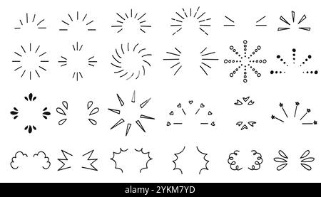 Doodle Line funkelt und strahlt. Handgezeichnete Explosionslinien Konfetti, Sonnenaufgang, Überraschungselemente mit dekorativem Effekt. Skizzenkomic Stock Vektor