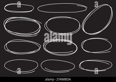 Vektorblasen Sprachkritzelsatz. Handgezeichnete weiße Linie auf schwarzem Hintergrund. Stock Vektor