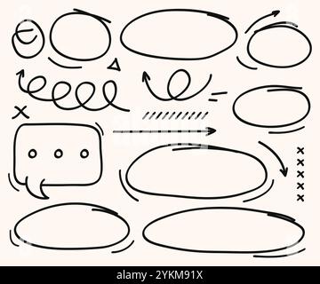 Handgezeichnete Kollektion mit Pfeilen, Bubble Chat, Frühling und Kreisen. Stock Vektor