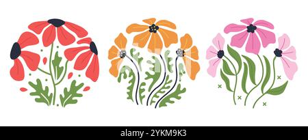 Grooviges abstraktes Blumenset. Organische Kreisformen im trendigen Retro-Hippie-Stil der 60er 70er 80er Jahre Stock Vektor