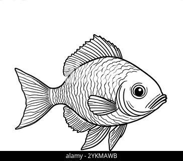 Eine detaillierte Linienzeichnung eines Fisches mit großen Flossen und Skalen, perfekt für eine nautische oder aquatische Illustration. Stock Vektor