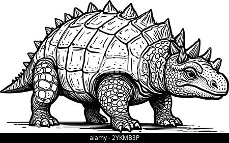 Eine detaillierte Linienzeichnung eines Dinosauriers, eines schwer gepanzerten Dinosauriers mit einem Schlägerschwanz. Stock Vektor