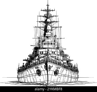 Eine detaillierte Linienzeichnung eines großen Schlachtschiffs, wahrscheinlich eines Schiffes aus dem Zweiten Weltkrieg. Stock Vektor