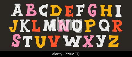 Papierkorrektur. Buntes Collage-Set mit Serifenbuchstaben. Basteln Sie Kid Schriftart Elemente Bundle für Dekoration, Poster, Banner, Druck. Lösegeld-Stil abc-Pack in Großbuchstaben. Vektor Stock Vektor