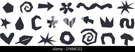 Papierausschnitt-Formularsatz. Schwarze Kollektion in abstrakter Collage-Form. Geometrische Papierelemente. Kinderzimmer-Dekorationspaket für Poster, Banner, Druck. Kinder Kritzele Illustration Pack. Vektor Stock Vektor