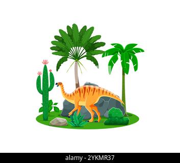 Camptosaurus prähistorischer Dinosauriercharakter mit Palmen und Kakteen. Cartoon jurassic Dino, lustige Schnabeleidechse Dinosaurier Tier Vektor Persönlichkeit mit prähistorischen Dschungelwäldern, Pflanzen und Stein Stock Vektor