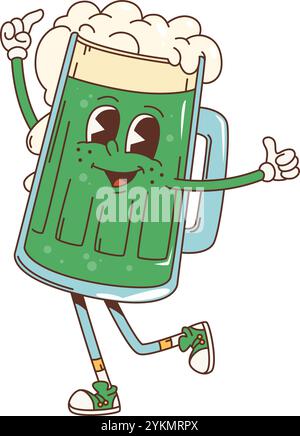 Cartoon Retro groovige grüne Bierfigur für Saint Patrick Day Feiertag, Vektorfigur. Lustiger, grooviger irischer, grüner Ale-Becher mit fröhlichem Gesicht und Daumen nach oben in Hippie-Kunst der 70er Jahre für den St. Patrick Day-Urlaub Stock Vektor