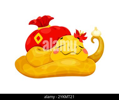 Cartoon 2025 Mondjahr die süße Schlange schläft friedlich, lockt sich neben dem roten Geldsack und hält einen Knödel am Schwanz. Vektor goldenes chinesisches Tierkreishoroskop Tier Reptil mit roten Blumen geschmückt Stock Vektor