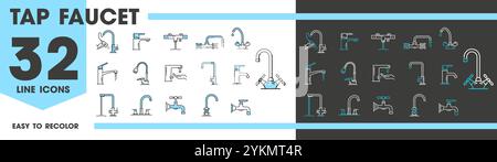 Tippen Sie auf Symbole für die Armaturenlinie in Küche und Bad. Lineare Vektorsymbole Set aus modernen Sanitäranlagen, umrissenen Spülbecken-Hähnen, Mischern mit fließendem Wasser und Ventilen, stilvollen Kränen, Badausrüstungen Stock Vektor