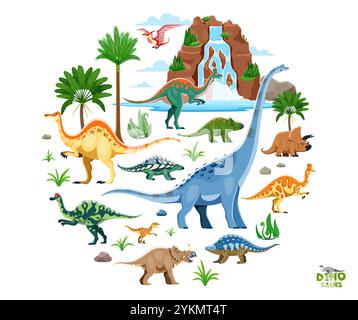 Prähistorische Cartoon-Dinosaurier in runder isolierter Form. Vektor-Dino-Spezies-Charaktere inmitten einer üppigen Landschaft aus der jurassischen Zeit mit Palmen, Farnen, Wasserfällen, tropischen Pflanzen und vulkanischen Felsen Stock Vektor