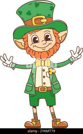 Cartoon Retro lustige Kobold-Groovige Figur für Saint Patrick Day Feiertag, Vektor-Persönlichkeit. Leprechaun grooviger Charakter mit Kleeblatt auf Hut für den irischen St. Patrick Day Weihnachtsgruß Stock Vektor