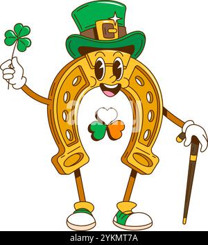 Grooviger goldener Hufeisencharakter im Retro-Zeichentrickstil mit grünem Hut, einem Kleeblatt in der Hand und einem Stock. Isolierte Vektor Happy St. Patricks Day Persönlichkeit, die Glück und Spaß feiert Stock Vektor