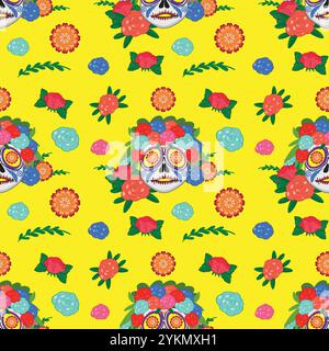 Lebendige Schädel und Blumen auf gelbem Hintergrund Stock Vektor