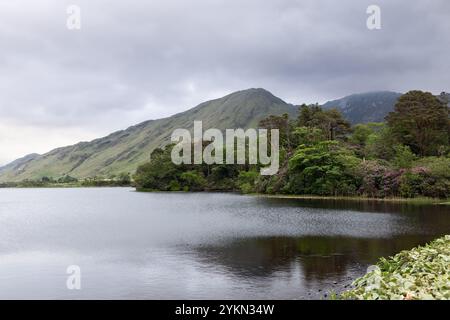 Eine ruhige Szene des Pollacapall Lough in Connemara, Irland, mit ruhigem Wasser, das von dichtem Laub und hohen Hügeln umgeben ist Stockfoto