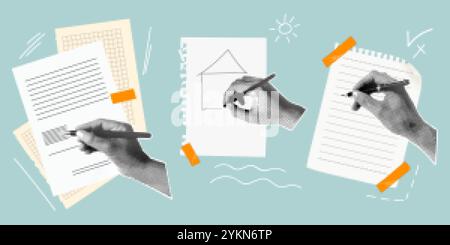 Halbtonzeiger schreiben. Hand mit Stift Schreiben Notizbuch Rip zerrissenes Blatt, Vintage Collage Vorlage Retro Papier Schulnotiz Gesetz Steuerbeleg Bericht Papiere, exakte Vektor Illustration Original Artwork Stock Vektor