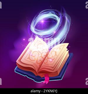 Zauberbuchbesetzung. Fantasy-rpg-Spielbücher buchstabiert Zaubersprüche, Zauberer oder Hexengießen Rechtschreibung Glühen Energie Hexerei Sprite, Zeichentrickfilm Märchen Märchenbuch Swanky Vektor Illustration Original Artwork Stock Vektor
