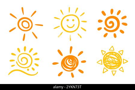 Scribble Sun – Verschiedene Handgezeichnete Doodle-Form-Set Stock Vektor