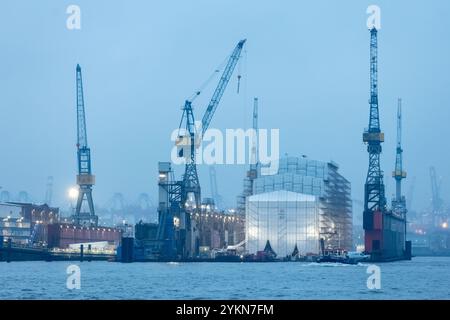 Hamburg, Deutschland. November 2024. Die Kräne der Werft Blohm Voss sind morgens bei trübem Wetter mit Nieselregen im Hamburger Hafen zu sehen. Quelle: Bodo Marks/dpa/Alamy Live News Stockfoto