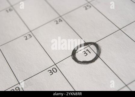 Ein Kalender mit dem 31. Datum, das das Ende des Monats und den Beginn eines neuen Jahres symbolisiert. Stockfoto