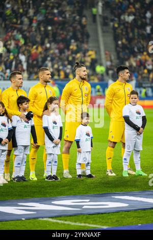 Darius Olaru aus Rumänien, Daniel Birligea aus Rumänien, Radu Dragusin aus Rumänien und Alexandru Pascanu aus Rumänien während des Fußballspiels der UEFA Nations League, Liga C, Gruppe C2 zwischen Rumänien und Zypern am 18. November 2024 in der Arena Nationala in Bukarest, Rumänien Stockfoto