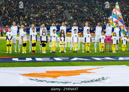 Die zyprische Mannschaft während der Nationalhymne während des Fußballspiels der UEFA Nations League, der Liga C und der Gruppe C2 zwischen Rumänien und Zypern am 18. November 2024 in der Arena Nationala in Bukarest, Rumänien Stockfoto