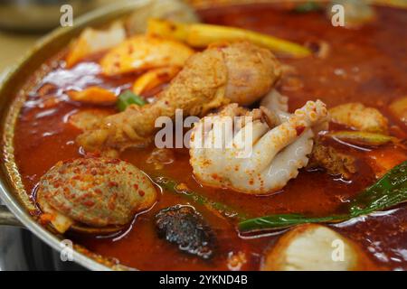 Scharfer koreanischer Eintopf mit Huhn und Oktopus Stockfoto