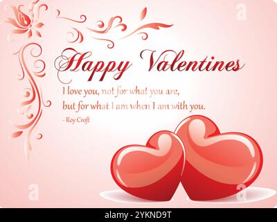 Karte mit zwei Herzen und den Worten „Happy Valentine“ in Rot geschrieben. Die Karte ist rosa und hat ein Blumenmuster. Hervorgehoben mit liebevollem Zitattext Stock Vektor