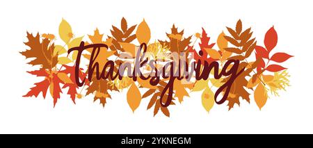 Thanksgiving-Text mit Herbstblättern in Orange, Gelb und Braun auf weißem Hintergrund. Vektorabbildung Stock Vektor