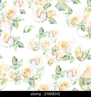 Nahtloses Muster von weißen Rosen Sträußen mit grünen Blättern in Sammlung Gartenblumen. Aquarellillustration für Blumenmuster von Stoffen, Küche Stockfoto