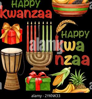 Glückliches Kwanzaa nahtloses Muster aus afrikanischer Trommel, Früchten und Kinara mit Geschenken. Handgezeichnete Aquarell-Feiertagsillustration eines traditionellen Symbols Stockfoto