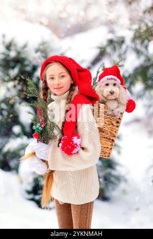 Mädchen mit langen Haaren in einem Weihnachtsmann Hut und einem Hundepudel Weihnachten im Winter in Silvester Stockfoto