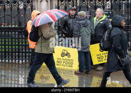 Westminster, London, Großbritannien. November 2024. Die Bauern nehmen an einem Protest Teil, der später in Westminster gegen die im Haushalt angekündigten Änderungen der Erbschaftssteuer für landwirtschaftliche Betriebe stattfand. Die Demonstranten glauben, dass es die Familienbauern ungerechtfertigterweise beeinflussen wird. Demonstranten vor dem Parlament Stockfoto