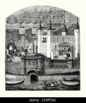 Ein alter Stich des Tower of London, London, England, Großbritannien in den 1400er Jahren – er stammt aus einem viktorianischen Geschichtsbuch. Der Turm befindet sich am Nordufer der Themse. In dieser Ansicht ist die Old London Bridge im Hintergrund sichtbar. Der Turm wurde im Rahmen der normannischen Eroberung Englands errichtet. Der zentrale Weiße Turm (rechts) wurde 1078 errichtet. Es ist ein großer Palast und eine königliche Residenz und verfügt über mehrere Gebäude, die sich in zwei Ringen von Verteidigungsmauern und einem Graben befinden. Das Verräterentor (vorne) ist ein Eingang, durch den viele Gefangene den Turm erreichten. Stockfoto